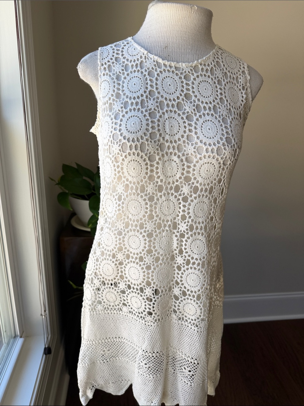 Hand Crafted White Crochet Circle-Motif Mini Dress